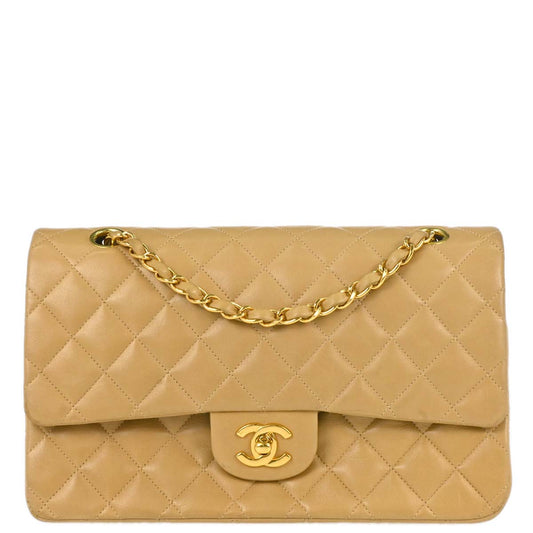 Chanel 1997-1999 Beige Lambskin Medium Classic Double Flap Shoulder Bag