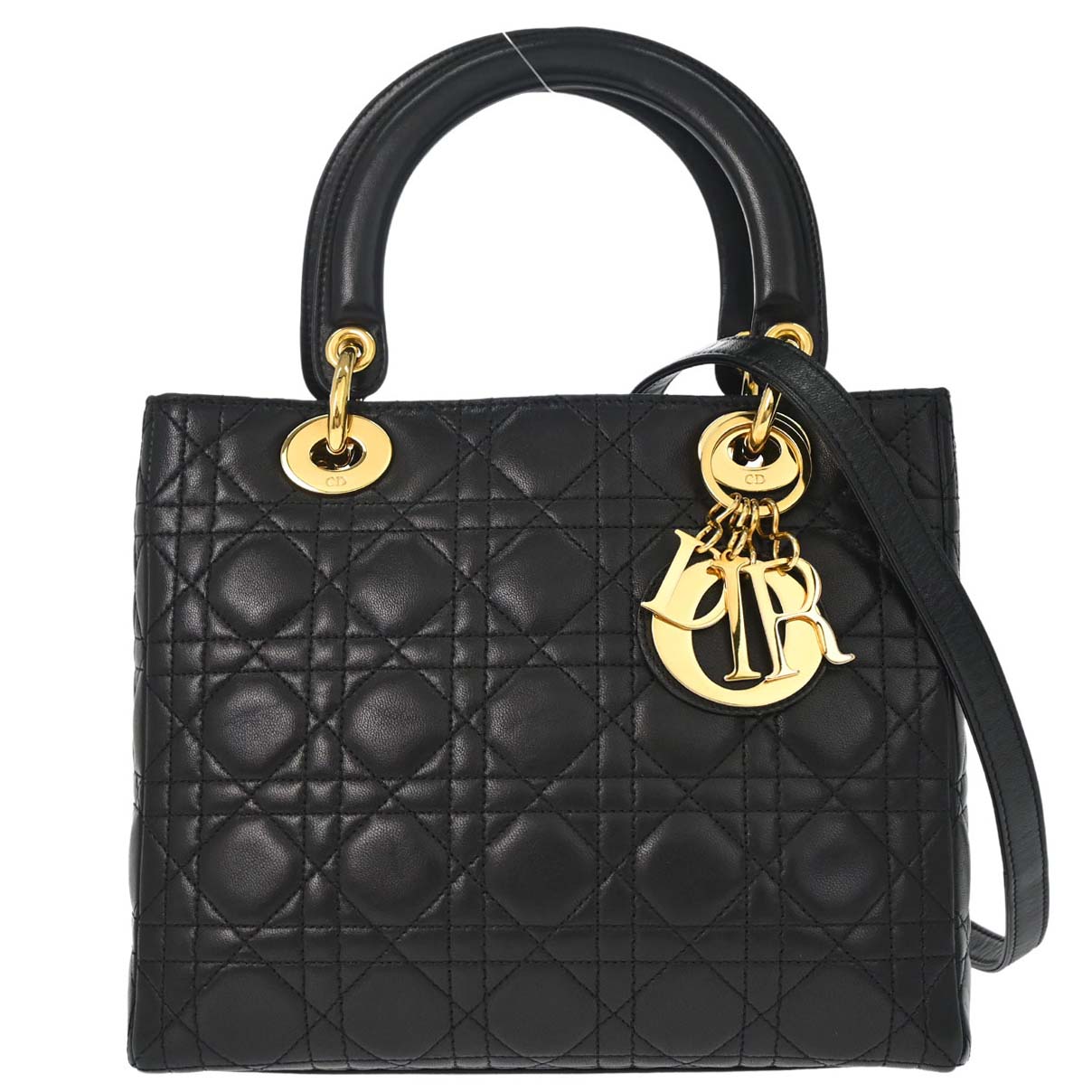 Christian Dior Black Lambskin Medium Lady Dior Cannage 2way Shoulder Handbag