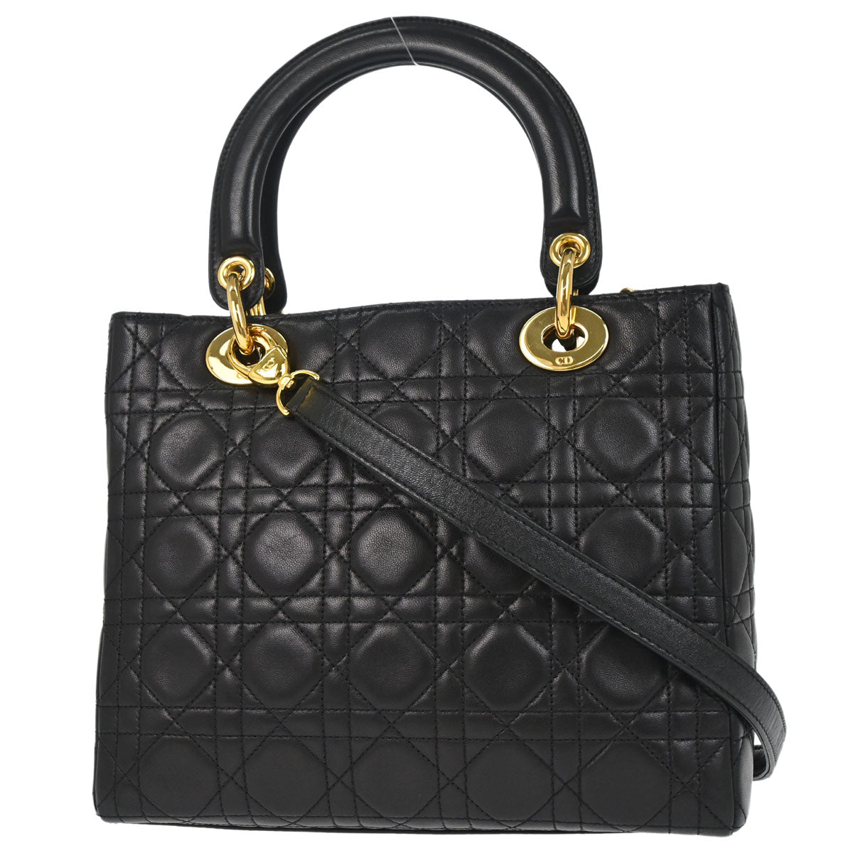 Christian Dior Black Lambskin Medium Lady Dior Cannage 2way Shoulder Handbag