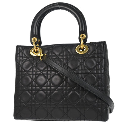 Christian Dior Black Lambskin Medium Lady Dior Cannage 2way Shoulder Handbag