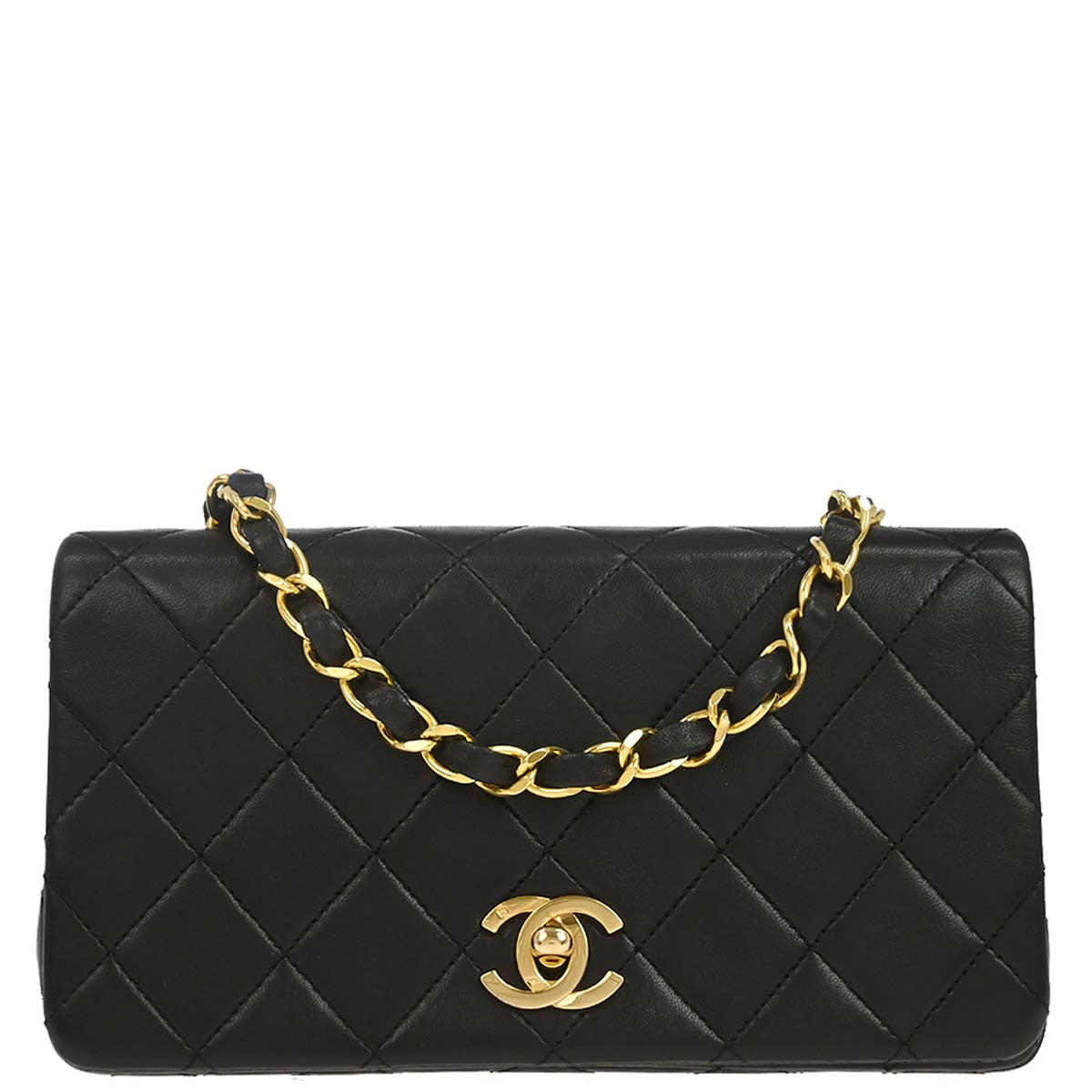 Chanel 1989-1991 Black Lambskin Turnlock Mini Full Flap Shoulder Bag