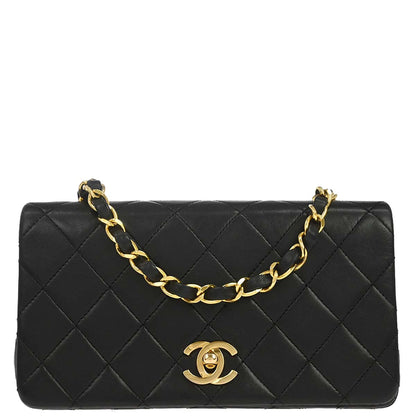 Chanel 1989-1991 Black Lambskin Turnlock Mini Full Flap Shoulder Bag
