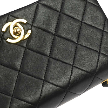 Chanel 1989-1991 Black Lambskin Turnlock Mini Full Flap Shoulder Bag