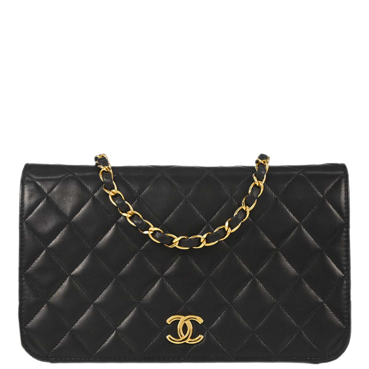 Chanel 1997-1999 Black Lambskin Pushlock Small Full Flap Shoulder Bag