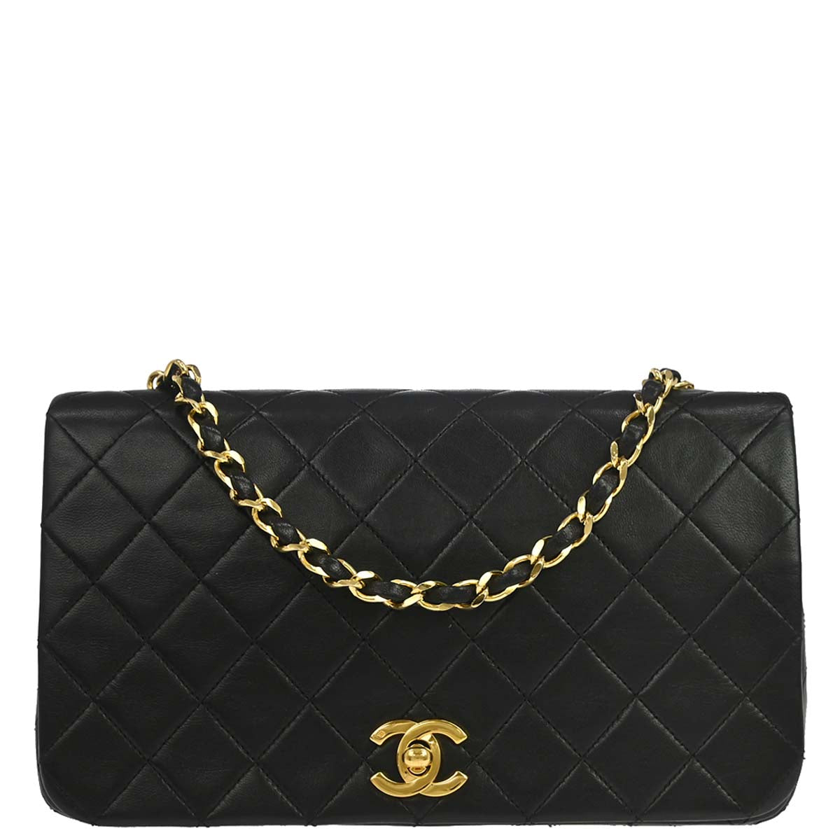 Chanel 1989-1991 Black Lambskin Turnlock Small Full Flap Shoulder Bag