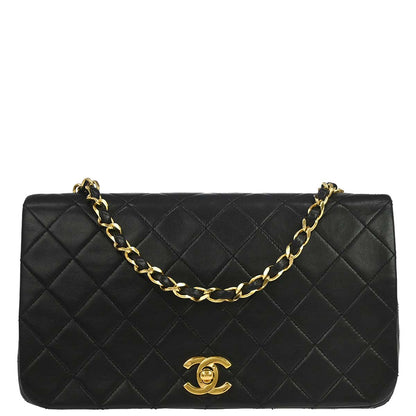 Chanel 1989-1991 Black Lambskin Turnlock Small Full Flap Shoulder Bag