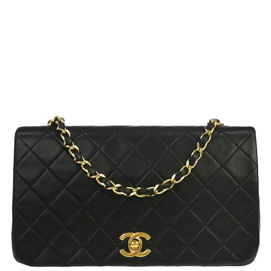 Chanel 1989-1991 Black Lambskin Turnlock Small Full Flap Shoulder Bag