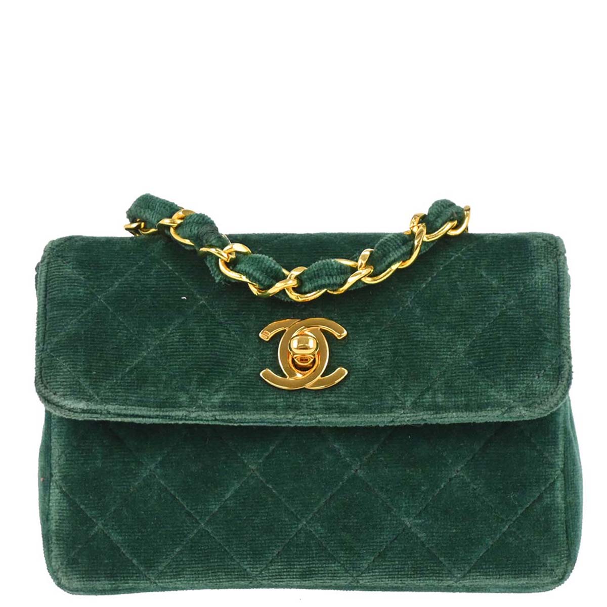 Chanel Green Velvet Straight Flap Shoulder Bag