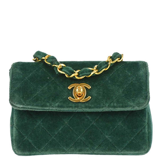 Chanel Green Velvet Straight Flap Shoulder Bag