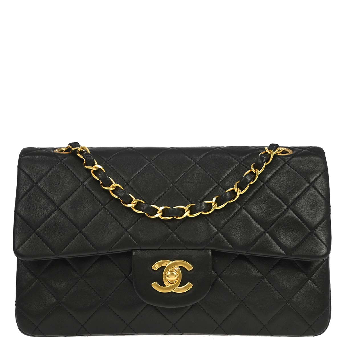 Chanel 1991-1994 Black Lambskin Small Classic Double Flap Shoulder Bag