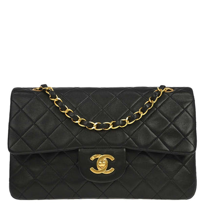 Chanel 1991-1994 Black Lambskin Small Classic Double Flap Shoulder Bag