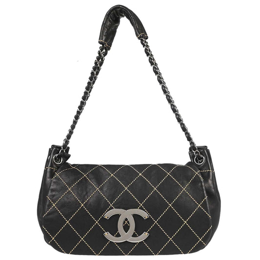 Chanel Black Lambskin Wild Stitch Accordion Flap Bag Shoulder Bag