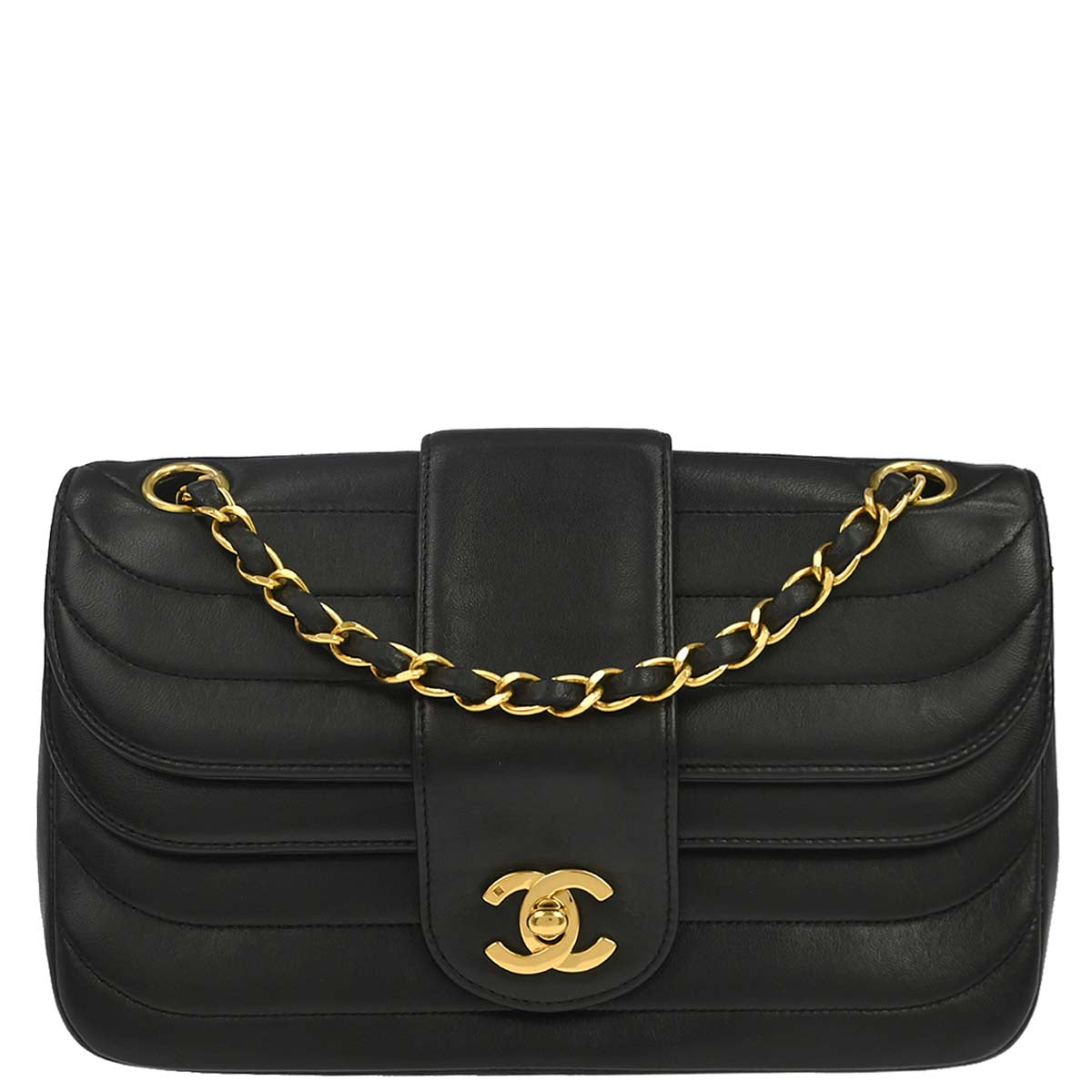 Chanel 1991-1994 Black Lambskin Horizontal Stitch Small Double Flap Shoulder Bag