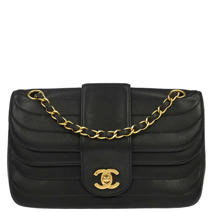 Chanel 1991-1994 Black Lambskin Horizontal Stitch Small Double Flap Shoulder Bag