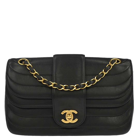 Chanel 1991-1994 Black Lambskin Horizontal Stitch Small Double Flap Shoulder Bag