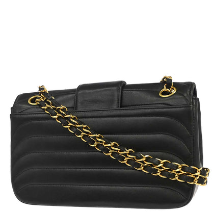 Chanel 1991-1994 Black Lambskin Horizontal Stitch Small Double Flap Shoulder Bag