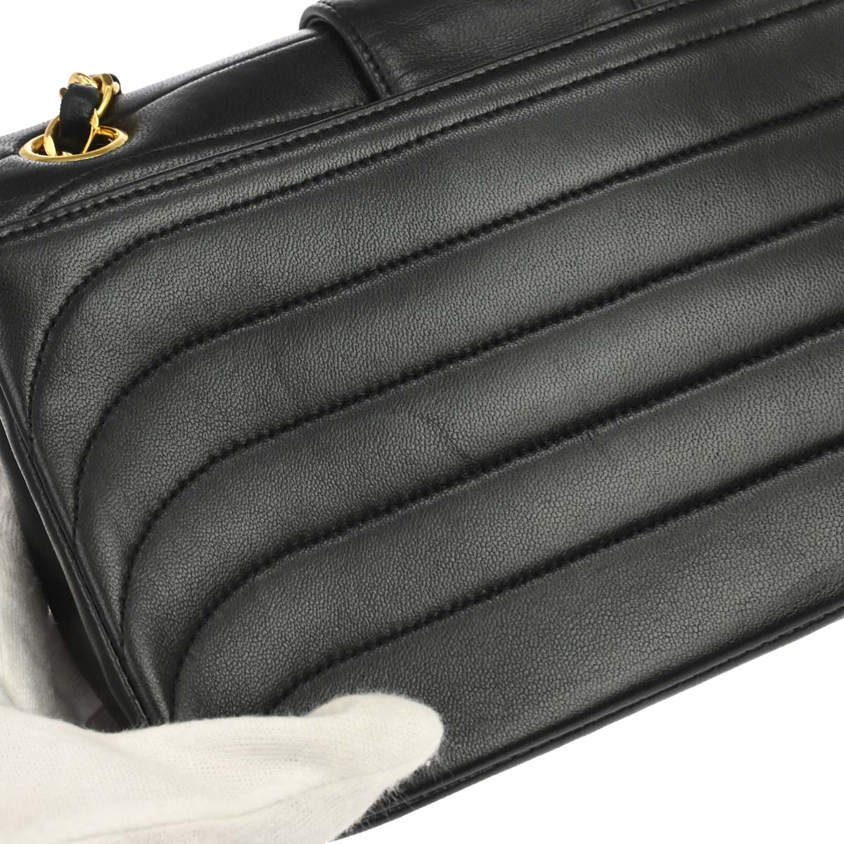 Chanel 1991-1994 Black Lambskin Horizontal Stitch Small Double Flap Shoulder Bag