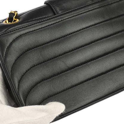 Chanel 1991-1994 Black Lambskin Horizontal Stitch Small Double Flap Shoulder Bag