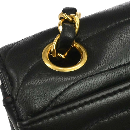 Chanel 1991-1994 Black Lambskin Horizontal Stitch Small Double Flap Shoulder Bag