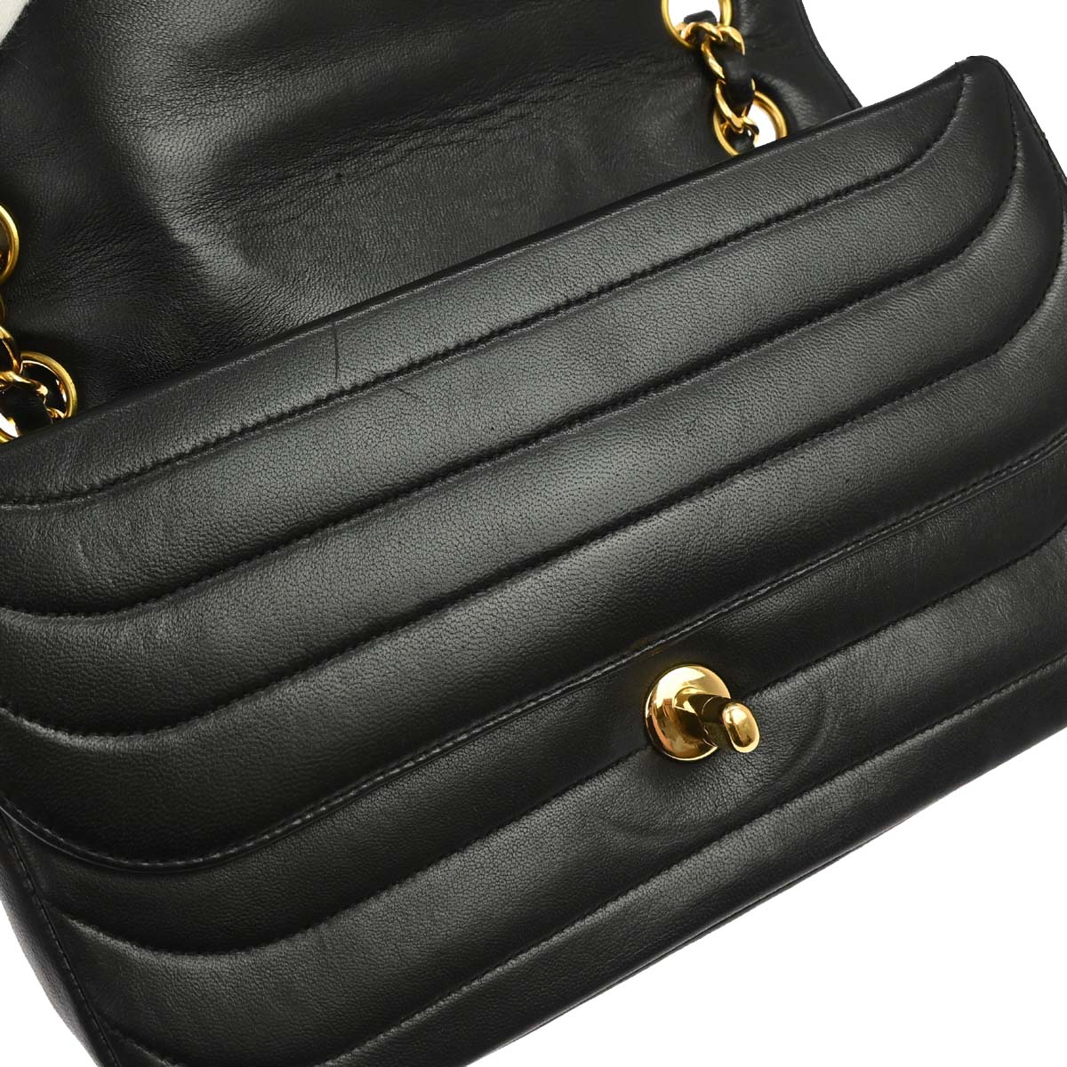 Chanel 1991-1994 Black Lambskin Horizontal Stitch Small Double Flap Shoulder Bag