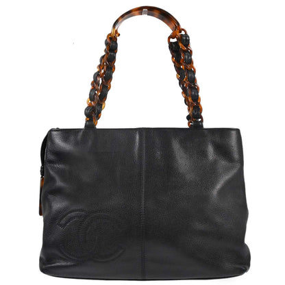 Chanel 1997-1999 Black Calfskin Faux Tortoiseshell Tote Handbag