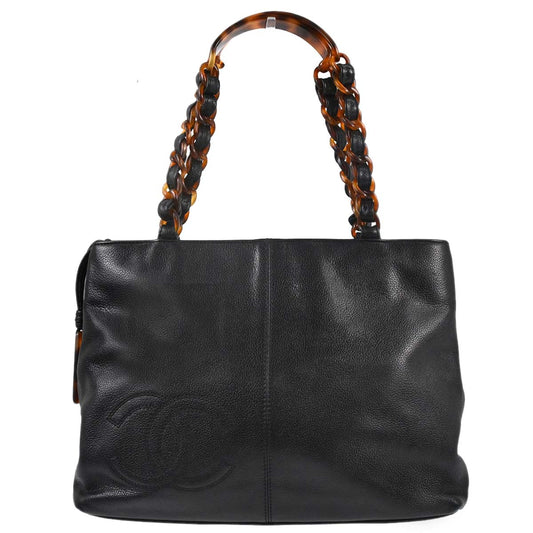 Chanel 1997-1999 Black Calfskin Faux Tortoiseshell Tote Handbag