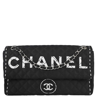 Chanel 2008-2009 Black Satin Logomania Logo Printed Flap Bag