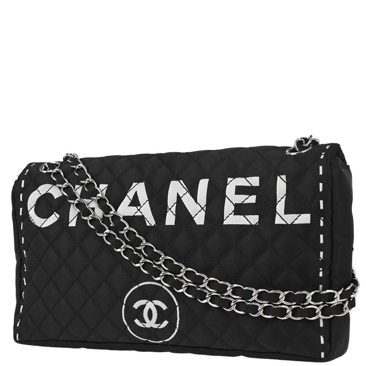 Chanel 2008-2009 Black Satin Logomania Logo Printed Flap Bag