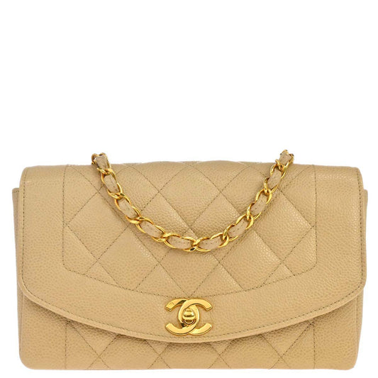 Chanel 1994-1996 Beige Caviar Skin Small Diana Shoulder Bag