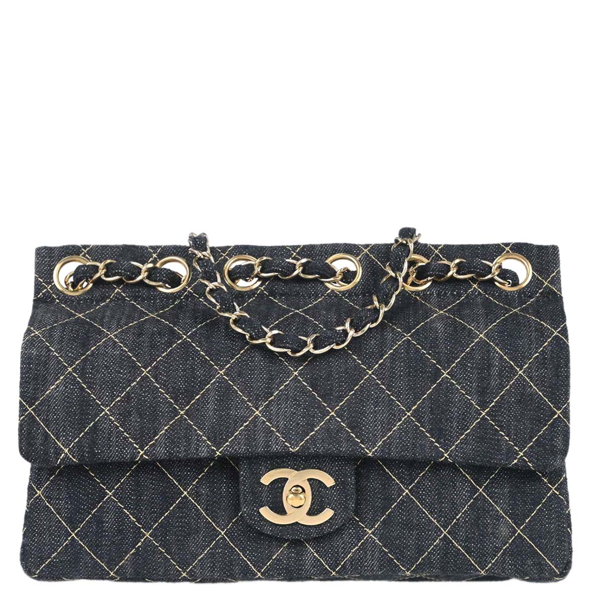 Chanel Navy Sparkling Denim Chain Through Single Flap Shoulder Bag
