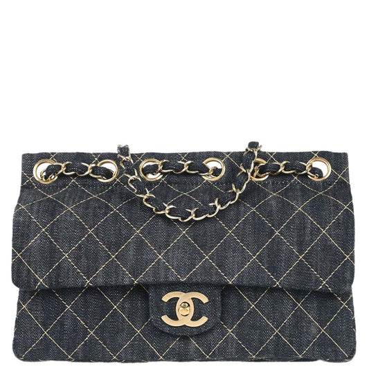 Chanel Navy Sparkling Denim Chain Through Single Flap Shoulder Bag