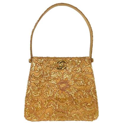 Chanel 1997-1999 Gold Satin Lace Double Sided Turnlock Handbag