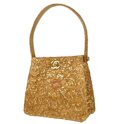 Chanel 1997-1999 Gold Satin Lace Double Sided Turnlock Handbag