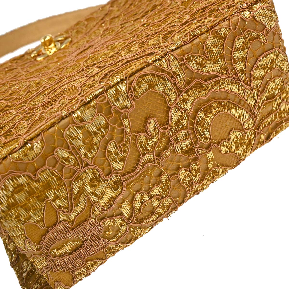 Chanel 1997-1999 Gold Satin Lace Double Sided Turnlock Handbag