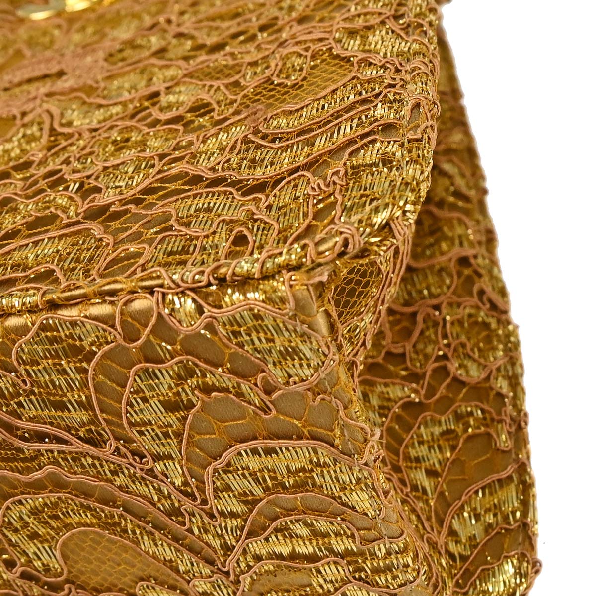 Chanel 1997-1999 Gold Satin Lace Double Sided Turnlock Handbag
