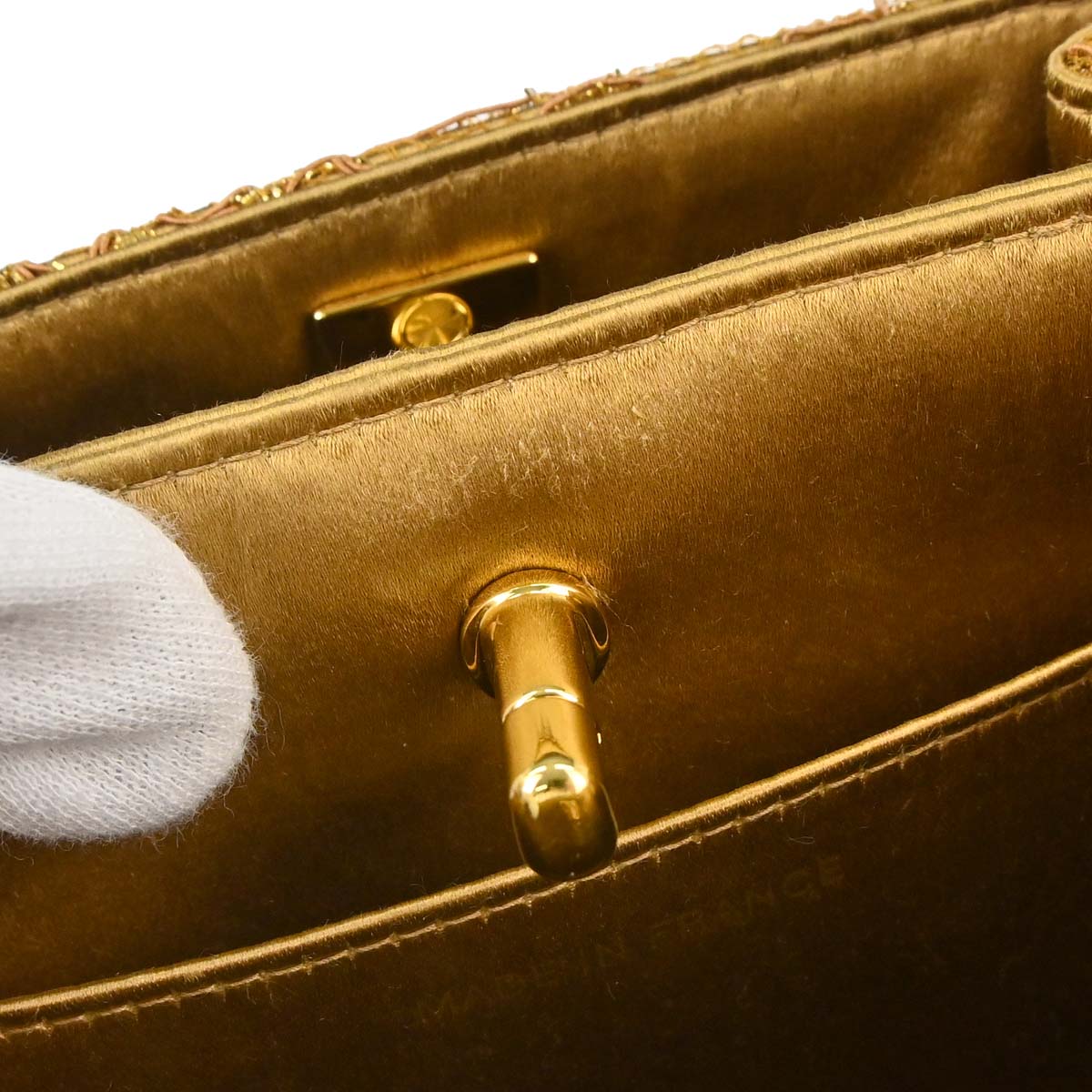 Chanel 1997-1999 Gold Satin Lace Double Sided Turnlock Handbag