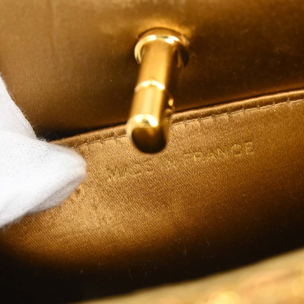Chanel 1997-1999 Gold Satin Lace Double Sided Turnlock Handbag