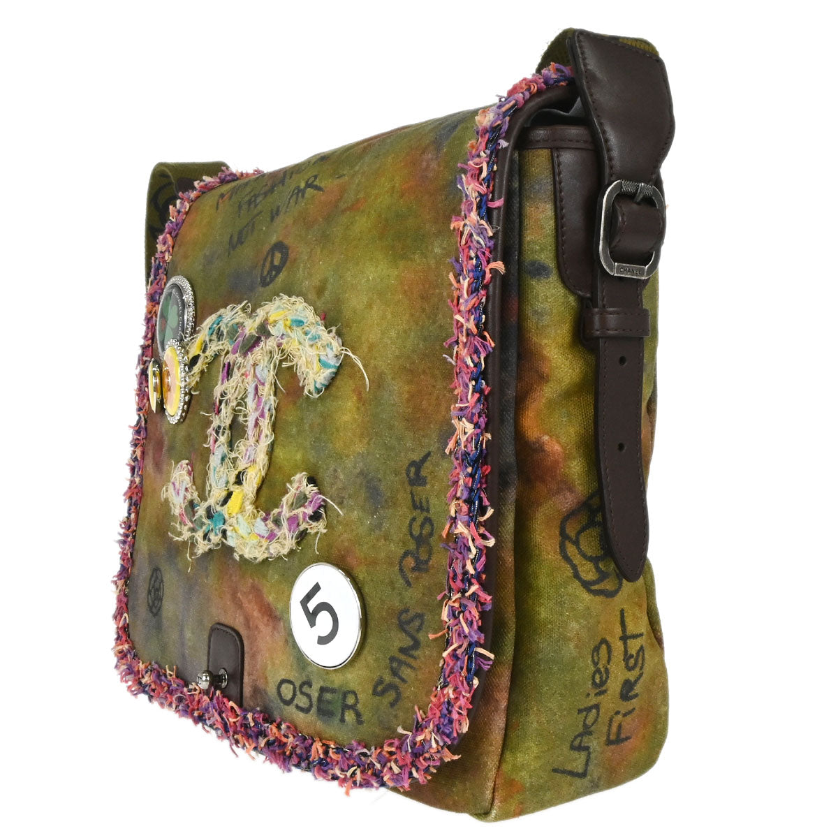 Chanel 2015-2016 Khaki Canvas Graffiti On The Pavements Shoulder Bag