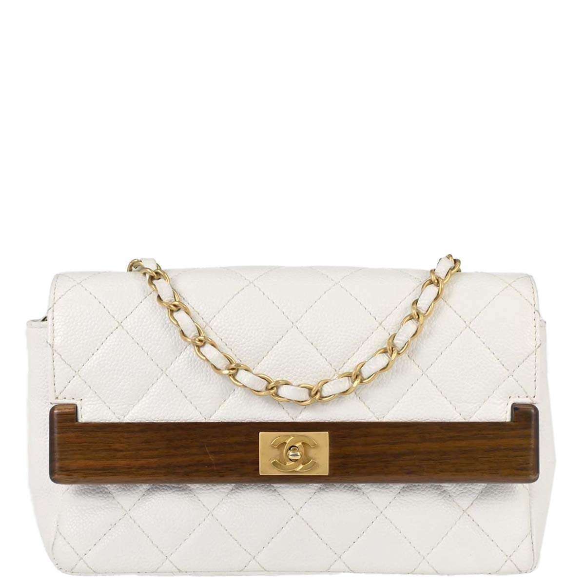 Chanel 2003-2004 White Caviar Skin Wood Straight Flap Shoulder Bag