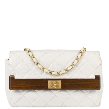 Chanel 2003-2004 White Caviar Skin Wood Straight Flap Shoulder Bag