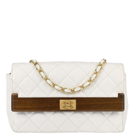 Chanel 2003-2004 White Caviar Skin Wood Straight Flap Shoulder Bag