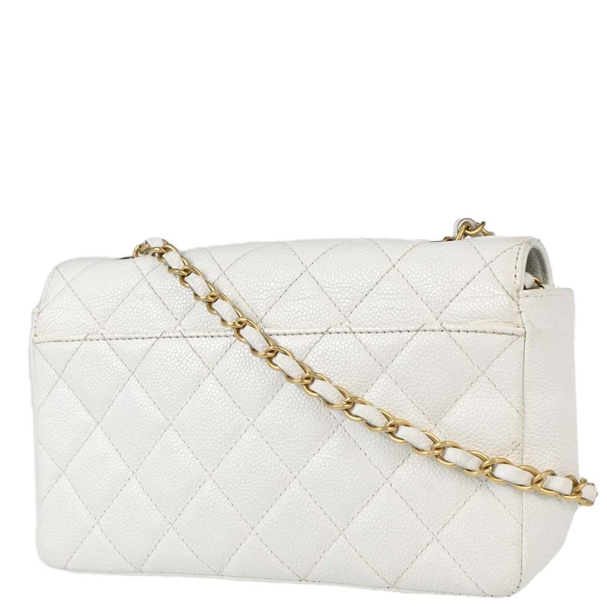 Chanel 2003-2004 White Caviar Skin Wood Straight Flap Shoulder Bag