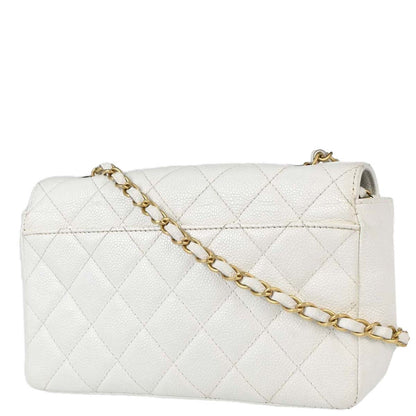 Chanel 2003-2004 White Caviar Skin Wood Straight Flap Shoulder Bag