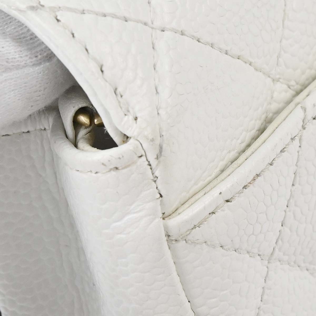 Chanel 2003-2004 White Caviar Skin Wood Straight Flap Shoulder Bag