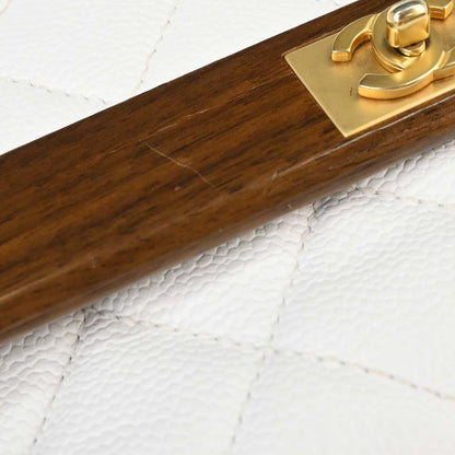 Chanel 2003-2004 White Caviar Skin Wood Straight Flap Shoulder Bag