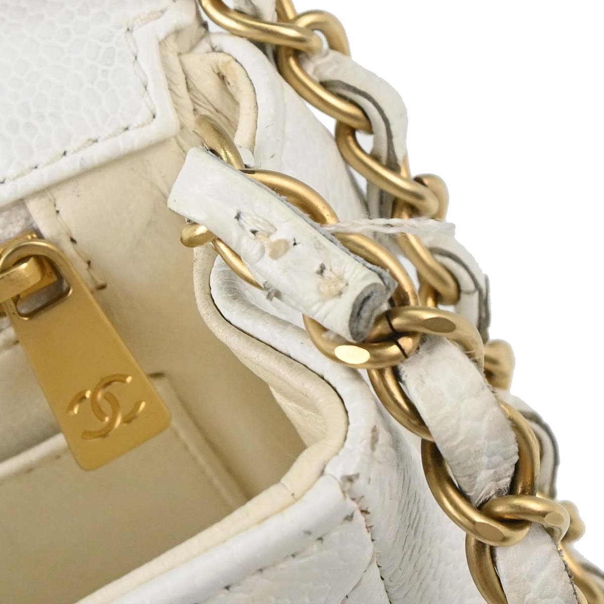 Chanel 2003-2004 White Caviar Skin Wood Straight Flap Shoulder Bag