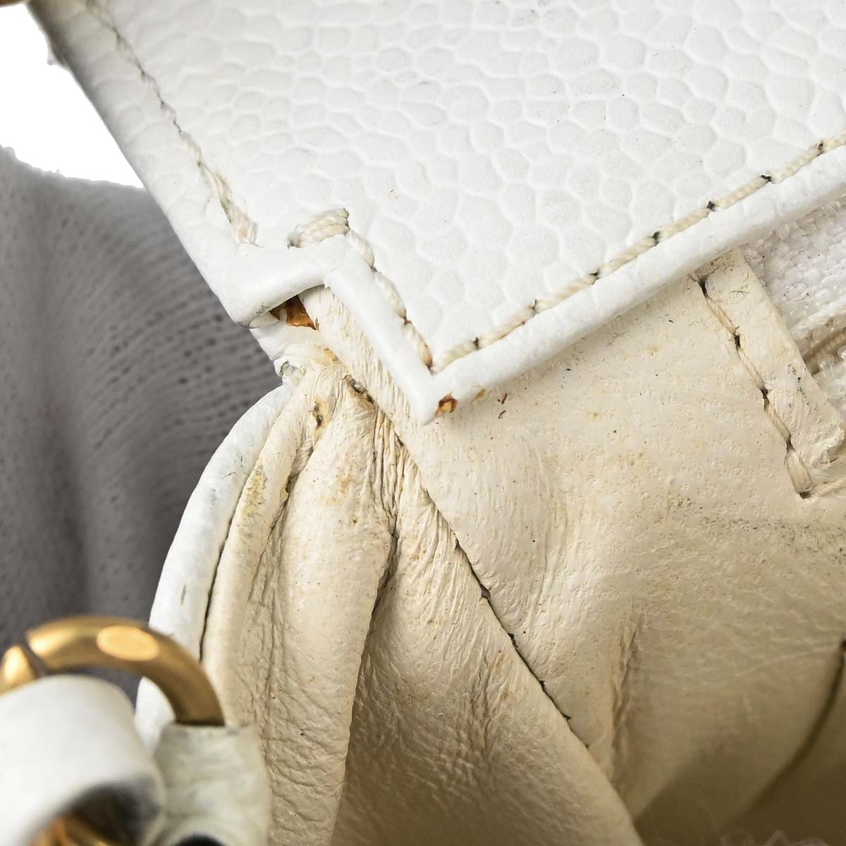 Chanel 2003-2004 White Caviar Skin Wood Straight Flap Shoulder Bag