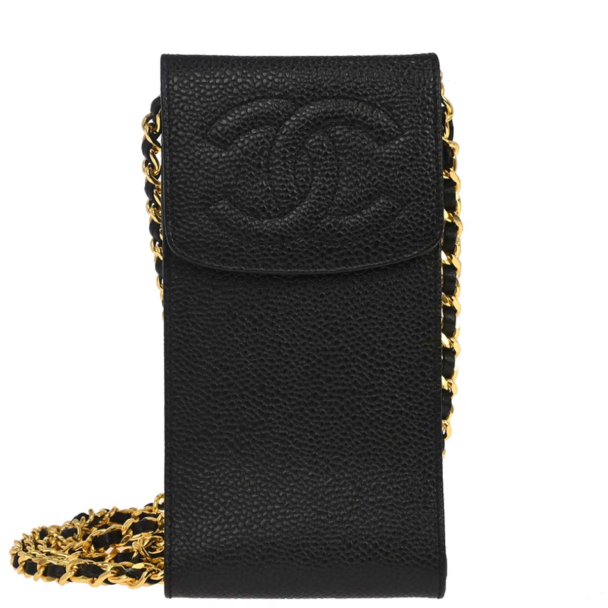 Chanel 1994-1996 Black Caviar Skin Chain Shoulder Bag Pochette Phone Case