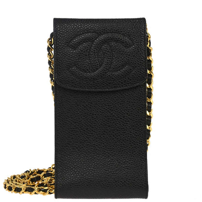 Chanel 1994-1996 Black Caviar Skin Chain Shoulder Bag Pochette Phone Case