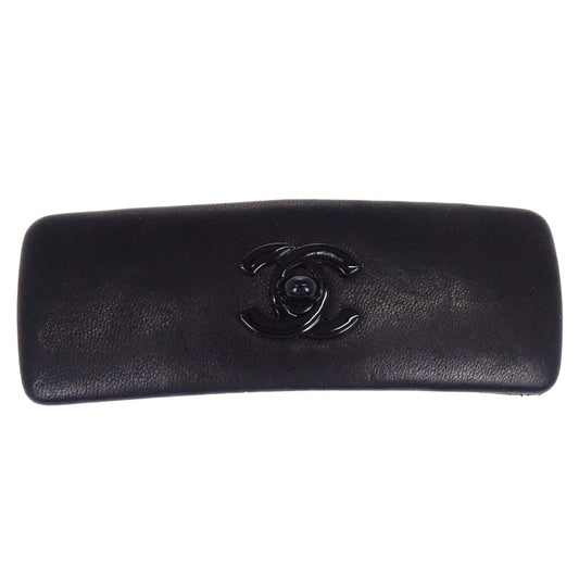 Chanel Hair Clip Barrette Turnlock Black Gold Leather Hair Accessories 61